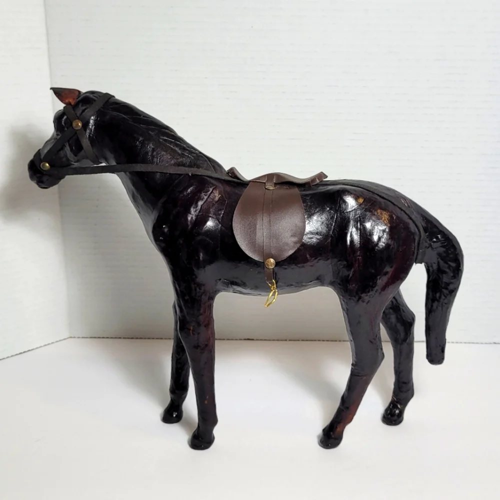 Vintage Brown Leather Wrapped Horse Statue Figure With Saddle - Picture 7 of 12